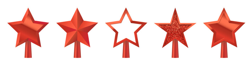 Christmas red tree topper set vector illustration. Realistic 3D star decoration in deco style. Decorative traditional top of Xmas pine tree in winter season isolated on transparent.