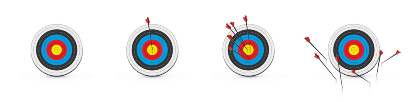 Archery target with arrows set, front view vector illustration. Realistic isolated dartboard collection with arrows in bullseye center, archers darts hit or miss circle boards.