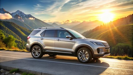 Fototapeta premium Captivating Product Photography of a Modern SUV on a Scenic Road, Showcasing Design and Performance Features of an All-Wheel Drive Crossover Vehicle Under Natural Light Conditions