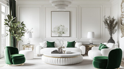 Elegant Green and White Living Room Interior Design: A chic and stylish living room with white walls, a white sofa, and white chairs accented with emerald green cushions.