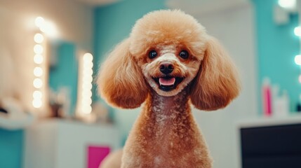 Happy Poodle in a Bright Grooming Salon