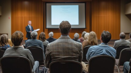 Obraz premium Focused view on corporate audience listening to a presenter at a professional conference event, generated AI
