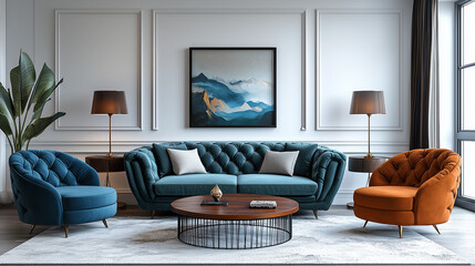 Luxury Teal and Orange Living Room Interior Design 