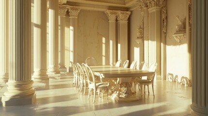 Naklejka premium Modern Roman Inspired Sophisticated Dining Room with Elegant Decor and Large Table for Entertaining