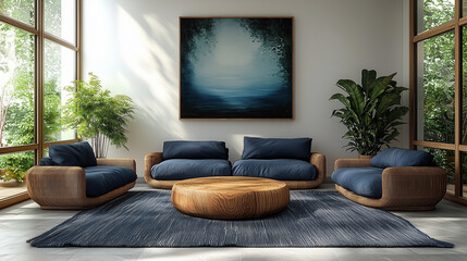 Modern Living Room Interior Design with Blue Sofa and Wooden Coffee Table 