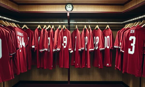 A row of red sports jerseys hanging in a locker room, indicating team spirit and preparation.