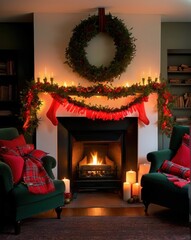 Fototapeta premium A warm and cozy Christmas living room scene featuring a rustic stone fireplace adorned with festive decorations. The mantel is decorated with a lush garland of red bows, golden ornaments, and greenery