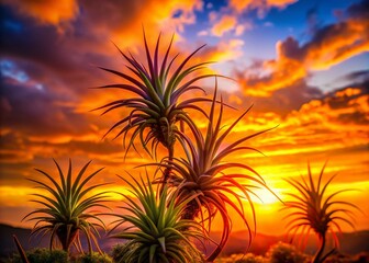 Obraz premium Captivating Silhouette Photography of Air Plants Against a Stunning Sunset Sky, Highlighting Their Unique Forms and Textures in a Beautiful Natural Setting