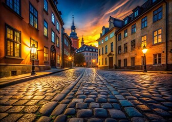 Fototapeta premium Captivating Silhouette Photography of Cobblestone Pavement in Old Town Stockholm at Dusk with Historic Architecture and Charming Atmosphere
