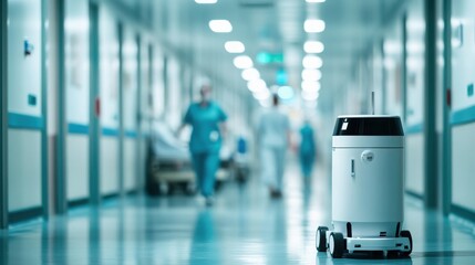 A hospital corridor showcasing a robotic assistant, emphasizing innovation in healthcare and automation in medical environments.