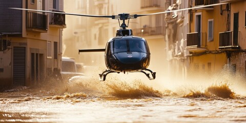 Obraz premium A helicopter hovers above a flooded street. This dramatic scene captures a rescue operation. The sunlight casts a warm glow on the water. A powerful moment in emergency response. AI