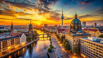 Fototapeta premium Captivating Sunset Over Berlin Mitte: A Macro Perspective of the Cityscape with Glowing Architecture and Urban Vibes in Germany’s Central Borough