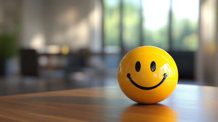 a yellow ball with smiling face joy on top of a table