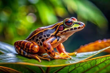 Fototapeta premium Captivating Tiger-Legged Walking Frog in Natural Habitat Showcasing Unique Patterns and Colors, Perfectly Framed Using the Rule of Thirds for Stunning Visual Impact