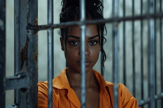 A black female prisoner in an aged orange uniform gazes directly at the camera while standing behind metal bars in a detention center, highlighting her current situation