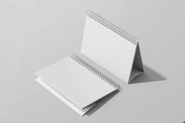 two spiral ring metal a5 size empty paper horizontal landscape desk table annual calendar planner for brand realistic mockup template in standing position