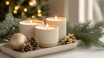 Minimalist Soy Candle Setting a Warm Holiday Mood at Dinner Table.