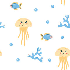 Seamless pattern sea life. Marine animals fish and jellyfish on white background. Vector illustration.