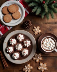 A warm and inviting scene of Christmas treats on a rustic wooden table. The setup features star-shaped gingerbread cookies lightly dusted with powdered sugar, neatly arranged on wooden and ceramic pla