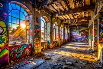 Obraz premium Captivating Urban Exploration Photography Featuring Unique JB Logos on Abandoned Building Walls with Graffiti and Urban Decay Elements