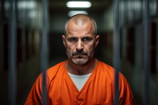 A prisoner in an aged orange uniform looks directly at the camera from behind metal bars in a dimly lit detention center, capturing the gravity of incarceration