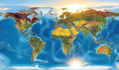 Vibrant World Map Illustration Showing Diverse Landscapes, Natural Features, and Global Geography with Sunlight Over Earth and Clear Blue Oceans