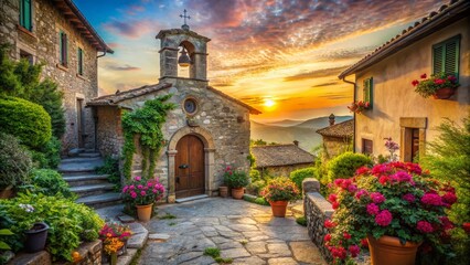 Captivating Vintage Style Photography of an Italian Church Surrounded by Lush Greenery and Historic Architecture in a Quaint Village Setting