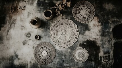 Naklejka premium Handmade doilies and pottery display artistic home decor tabletop arrangement cozy indoor environment top view craftsmanship