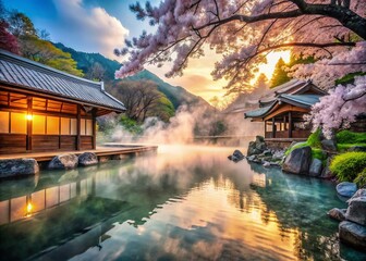 Fototapeta premium Captivating Visual Journey Through Japan's Hot Springs: Embrace Serenity in Nature with Soothing Steam and Scenic Landscapes