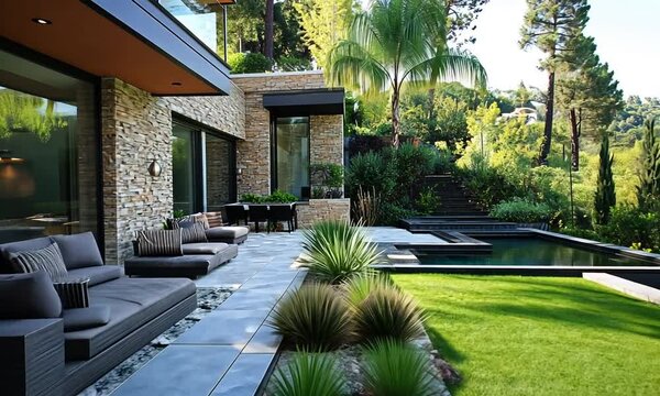 Modern home exterior with landscaped garden and pool area.