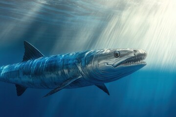 Naklejka premium Barracuda Near Surface A sleek barracuda swims close to the water's surface
