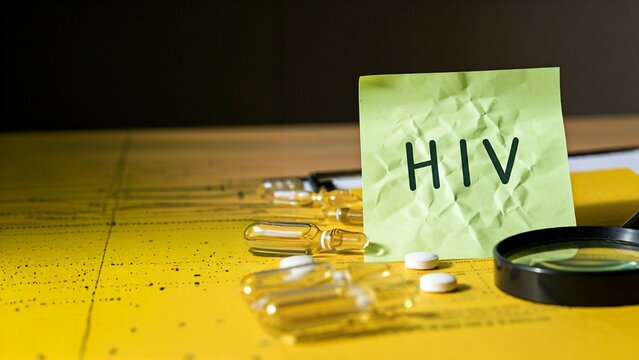 Post-it note with "HIV" text, capsules, and a magnifying glass on a yellow surface.