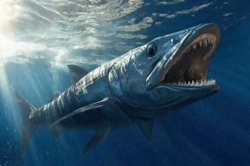 Naklejka premium Barracuda Near Surface A sleek barracuda swims close to the water's surface
