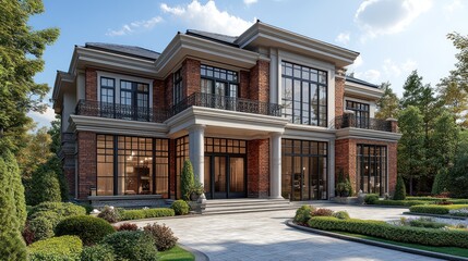 A 3D highly detailed duplex with two separate entrances, brick walls, and a shared driveway, isolated on a white background