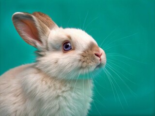 Obraz premium Adorable White Rabbit Portrait on Vibrant Turquoise Background - Cute Animal Photography for Nature and Pet Lovers