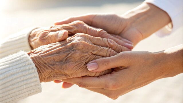 Close-up of an elderly person's hands gently held by younger hands, symbolizing care, compassion, and the bond between generations. The image reflects warmth, support, and human connection.