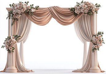 3D realistic wedding arches with flowers and curtains, white background