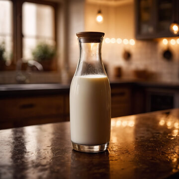 Milch - Flasche Milch auf moderner K&uuml;chentheke