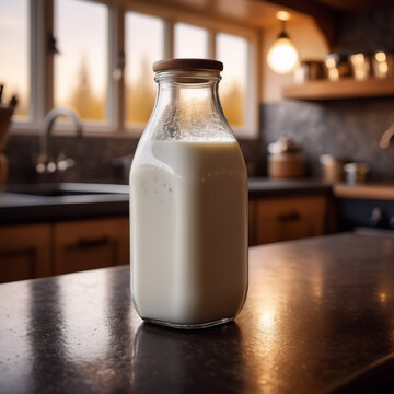 Milch - Milchflasche und Glas in einer beleuchteten K&uuml;che