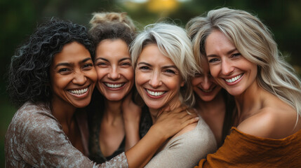Diverse group of joyful middle aged women embracing and smiling outdoors