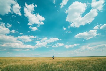 A vast landscape unfolds under a bright blue sky. Fluffy clouds drift across the horizon. A lone figure stands in the golden field. Generative AI
