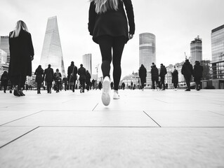 Obraz premium Dynamic Urban Moment Capturing a Woman Walking Across a City Plaza Surrounded by Motion Blurred People and Modern Architecture