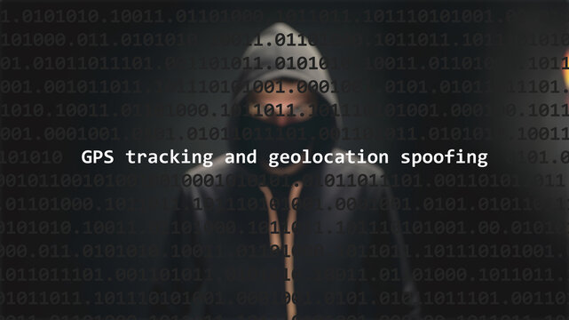 Cyber attack gps tracking and geolocation spoofing text in foreground screen, anonymous hacker hidden with hoodie in the blurred background. Vulnerability text in binary system code on editor program.