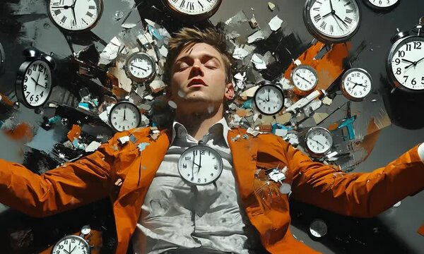 A man lies amidst shattered clocks, symbolizing the passage of time and introspection.