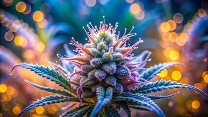 Close-up of a Blooming Cannabis Flower with Glimmering Trichomes Enhanced by Bokeh Effect, Showcasing the Intricate Details and Natural Beauty of the Plant in Soft Focus Background