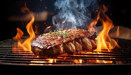 The intense scene features a single slab of meat sizzling over high flames on a barbecue 