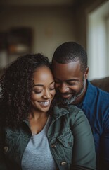 Obraz premium Smiling Black Couple Relaxing on Couch, Woman Wearing Green Jacket and Grey Shirt