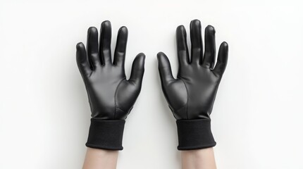 Obraz premium Black leather gloves on hands, displayed palm up on a white background