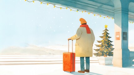 Christmas homecoming concept. Traveler with suitcase, waiting at decorated train station with Christmas lights