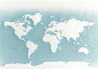 Detailed White Relief Map of the World on a Soft Blue Background, Ideal for Education, Travel, Geography, and Illustration Purposes